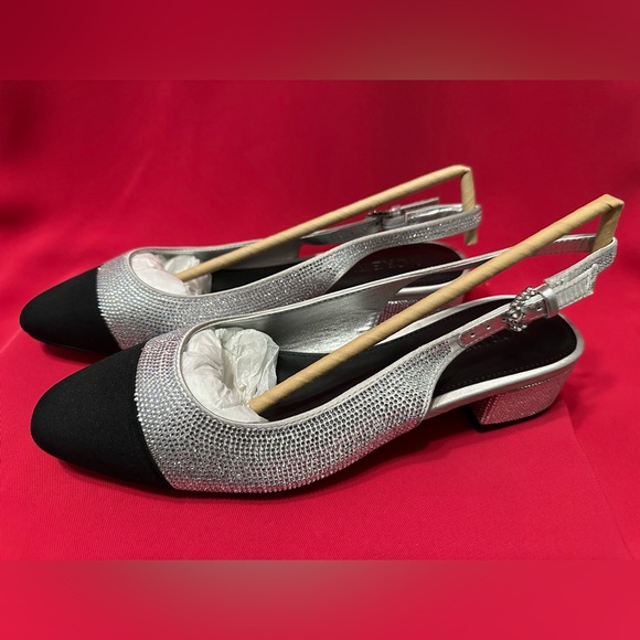 J Crew Silver Rhinestone Embellished Black Cap Toe Low Heel Slingback Size 7 NWT - Picture 2 of 7